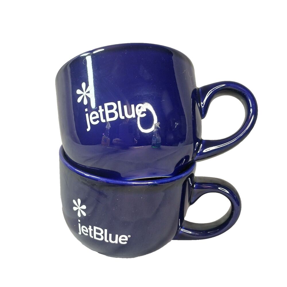 2 Jet Blue Airlines Coffee Mugs Tea Cups Deep Blue Ceramic Preowned